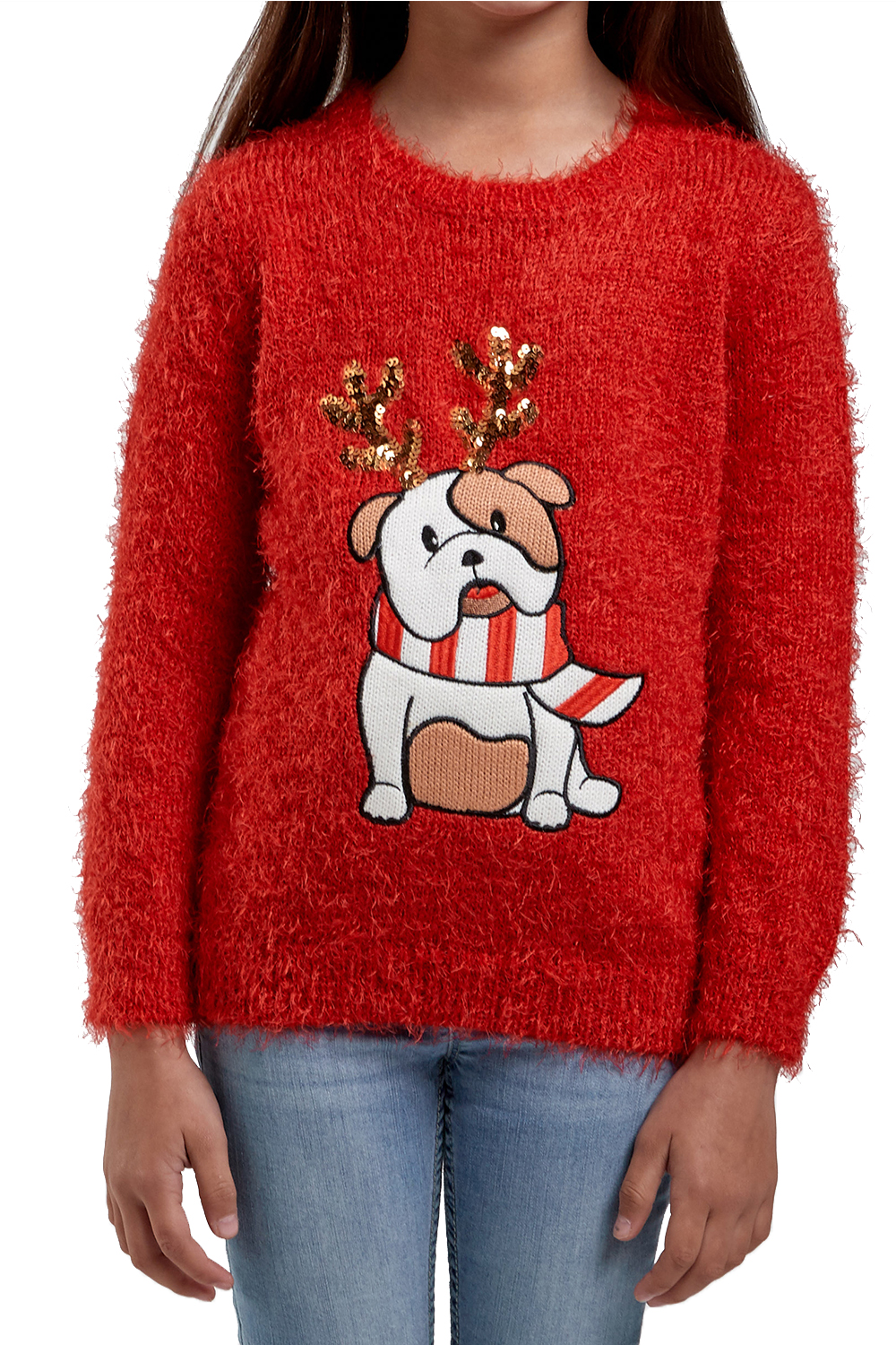 Seasons Greetings Matching Womens Girls Novelty Bulldog Christmas Knit Jumpers