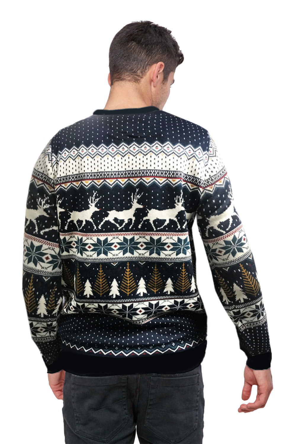 Seasons Greetings Mens Reindeer Fairisle With Lights Festive Christmas Jumper