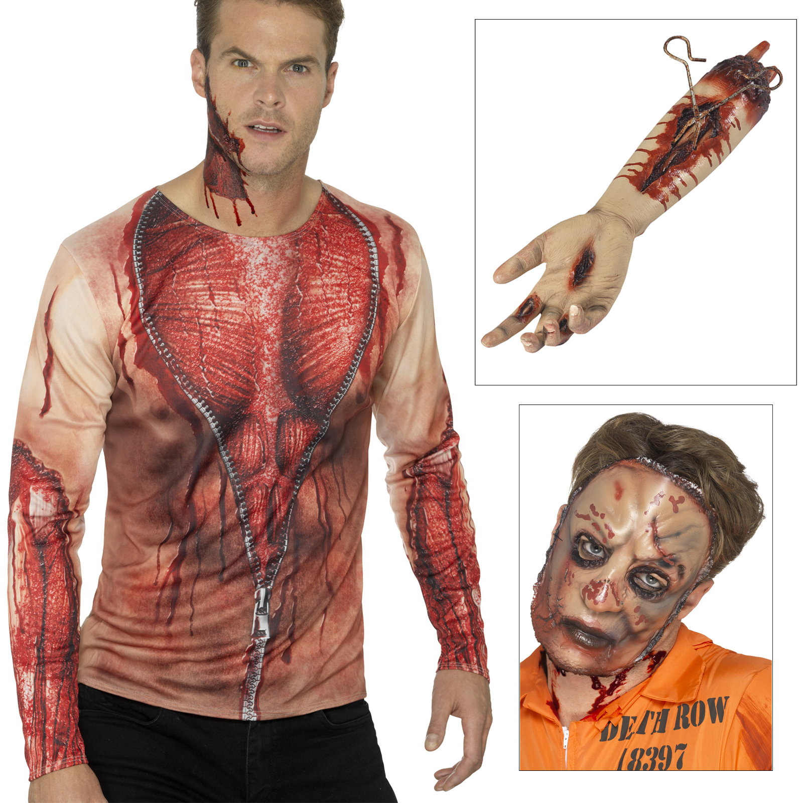 Smiffys Zombie Mask Ripped Skin Tee Or Latex Gory Arm Halloween Fancy