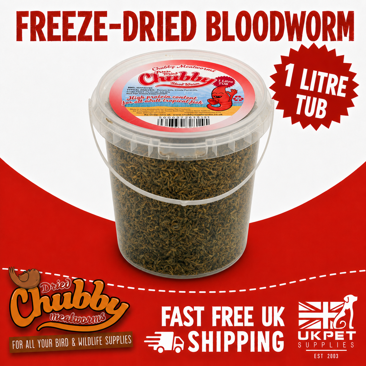 Freeze Dried Bloodworm Fish Food 1 Litre Chubby Tropical Cold Water Fish