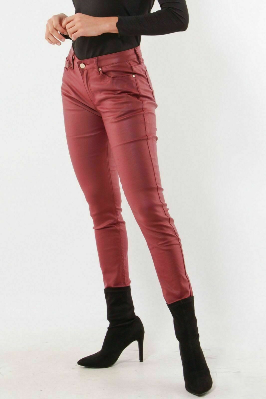 Women/'s stretch Leather look Pants faux leather Jeans Skinny Red Pants UK 6-14