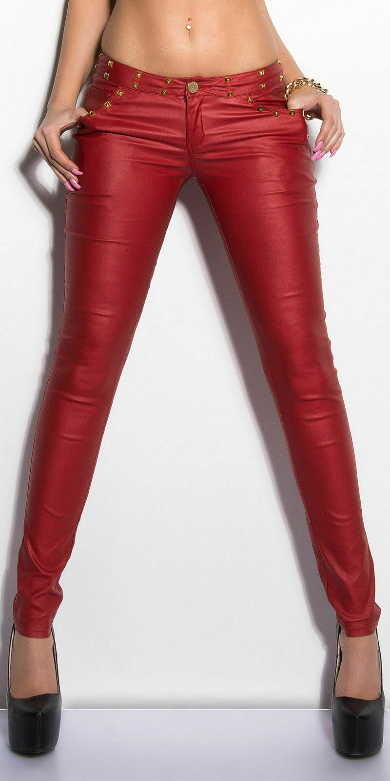 ladies red leather trousers