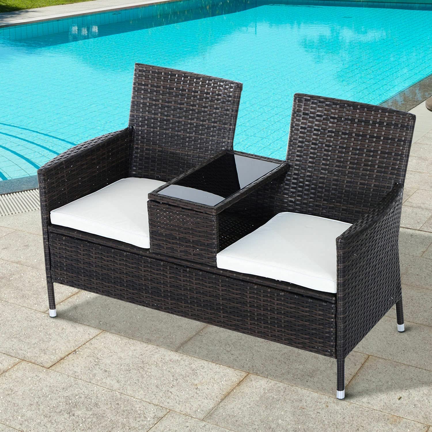 Outsunny Outdoor Garden Rattan 2 Seater Chair with Middle Table, Brown