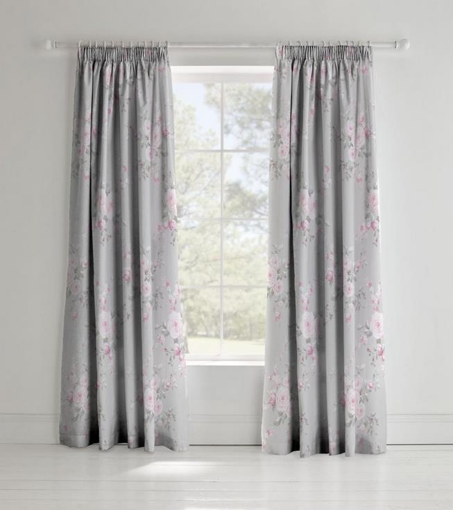 Canterbury Floral Pink Grey Pencil Pleat Curtains 168 W X 183cm