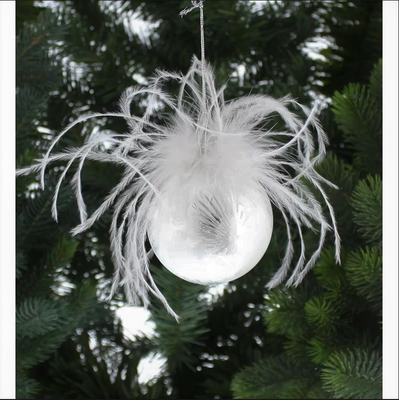 8cm White Feather & Silver Frosted Glass Christmas Tree Bauble 