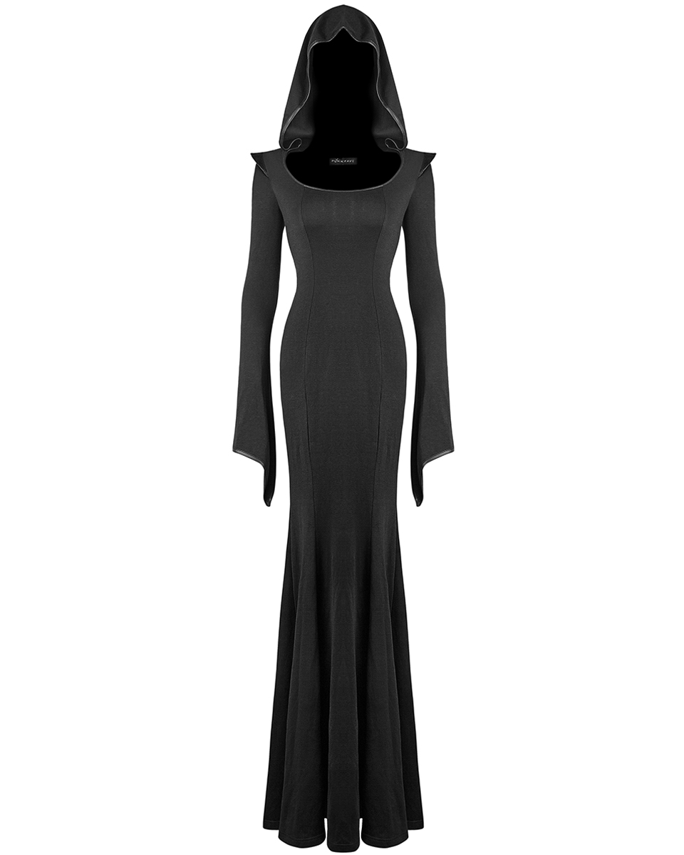 Punk Rave Dark Arts Dress Long Black Hooded Gothic Witch Occult Cloak