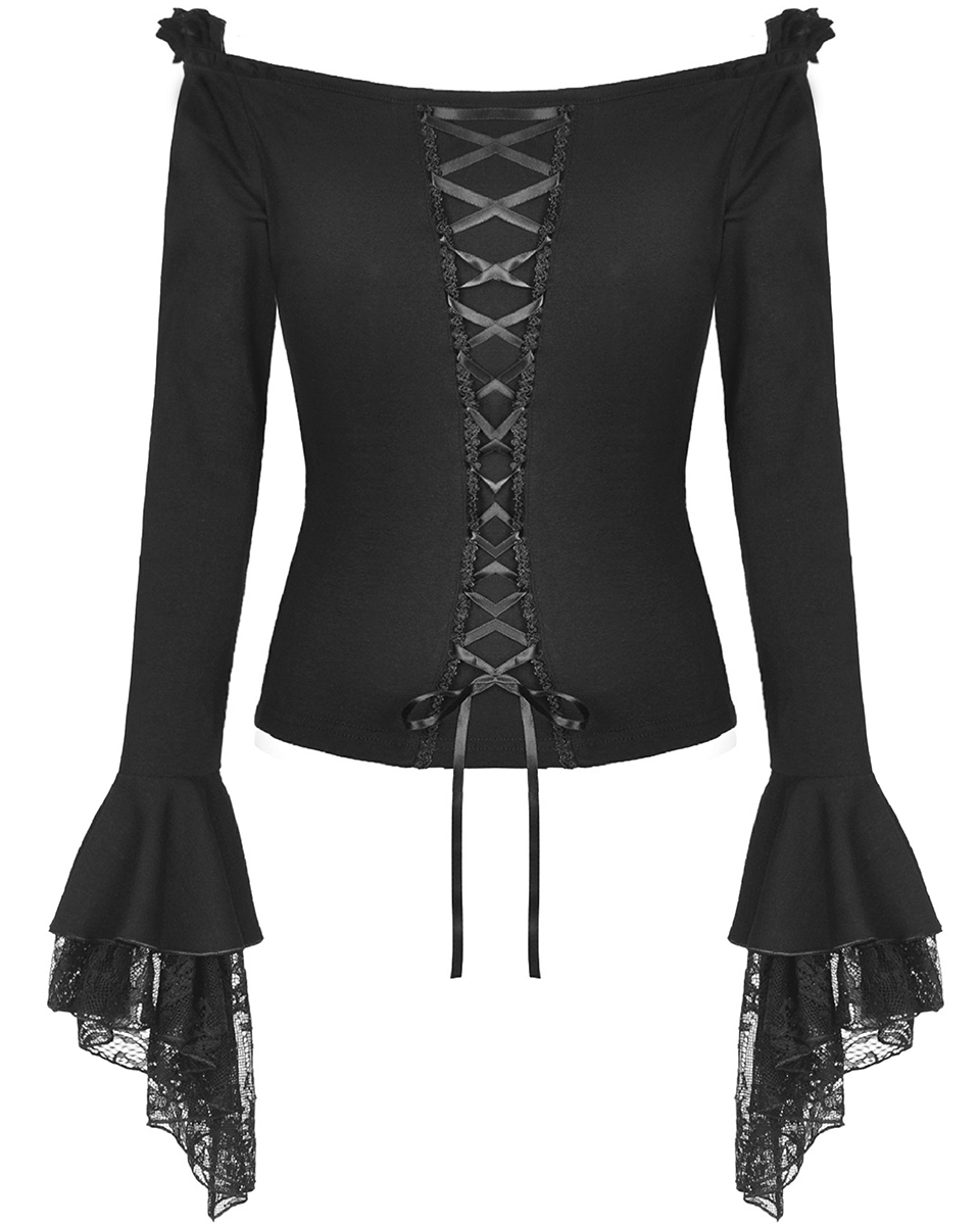 Dark In Love Womens Gothic Blouse Top Black Floral Lace Up Steampunk ...