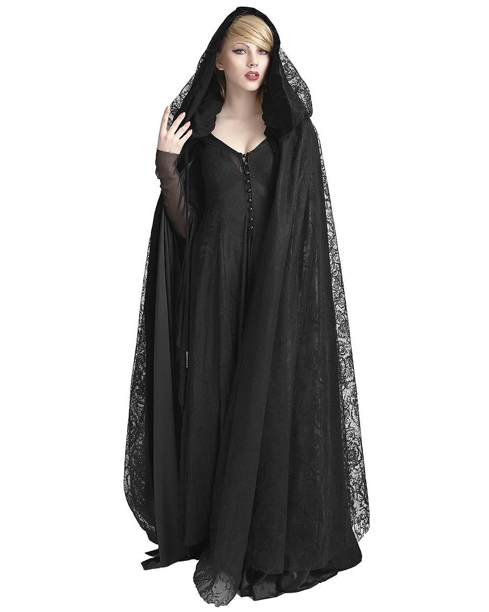 Punk Rave Womens Gothic Hooded Cloak Black Velvet Lace Reversible Witch ...