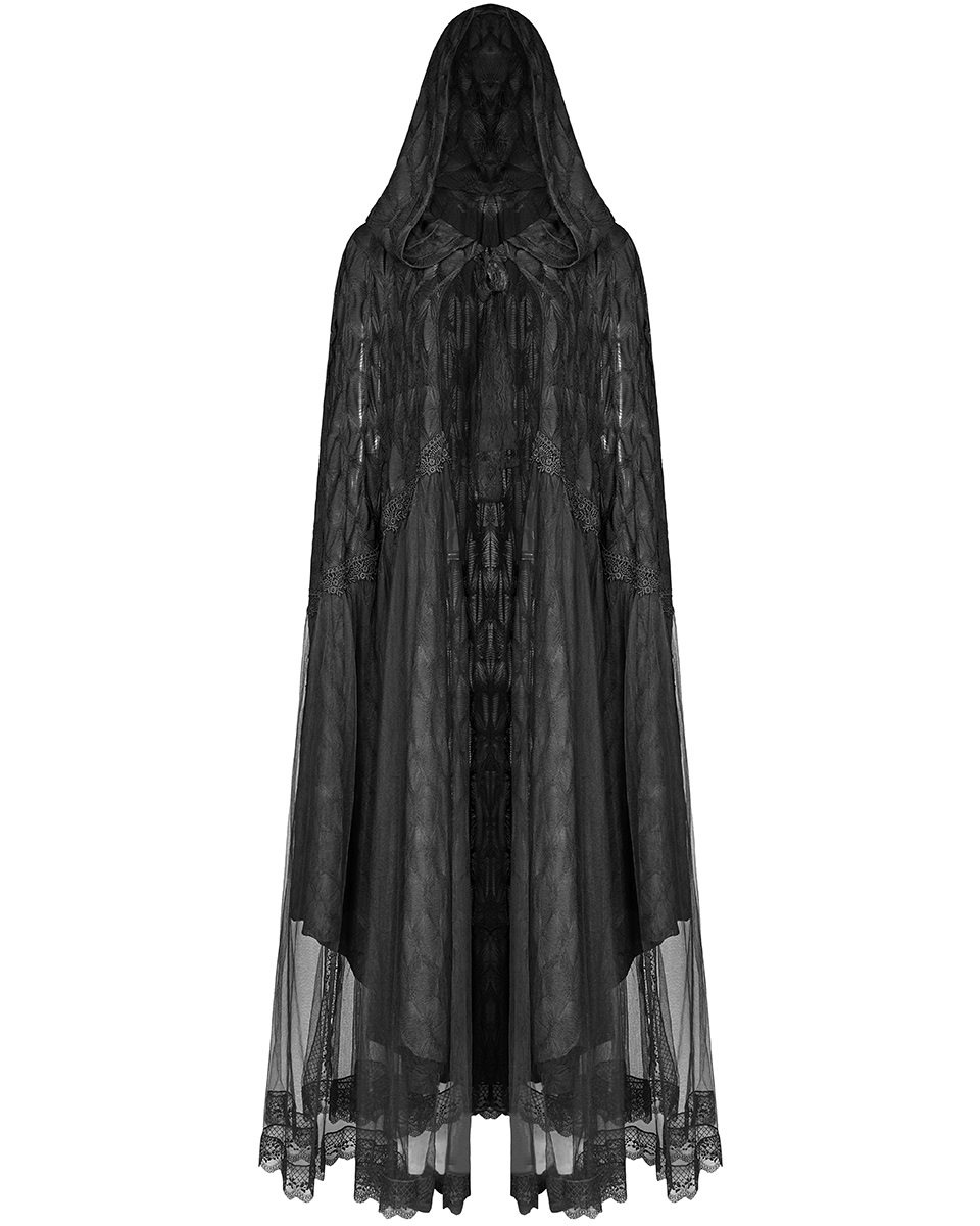 Punk Rave Womens Long Gothic Hooded Cloak Cape Coat Black Lace Mesh ...