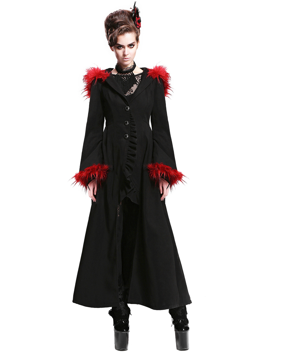 DEVIL FASHION Cruella Cappotto Donna Lungo Giacca Nero Rosso gotico con cappuccio pelliccia vintage