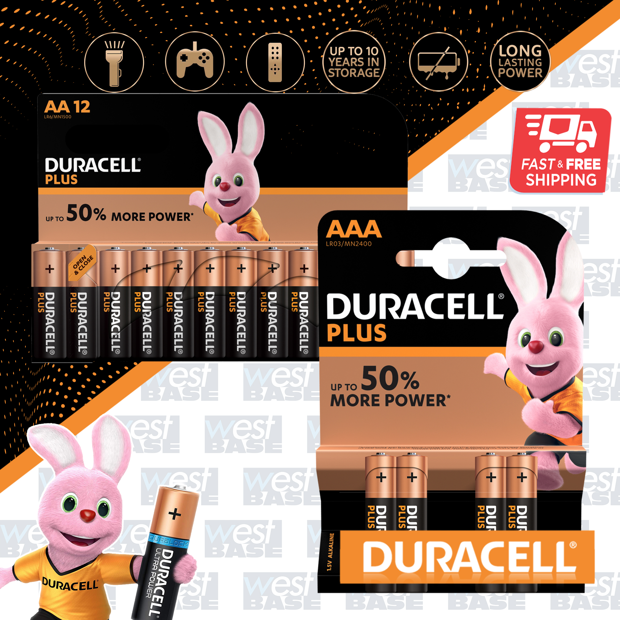 DURACELL Plus Power AA AAA C D 9V Alkaline Batteries DURALOCK Longest