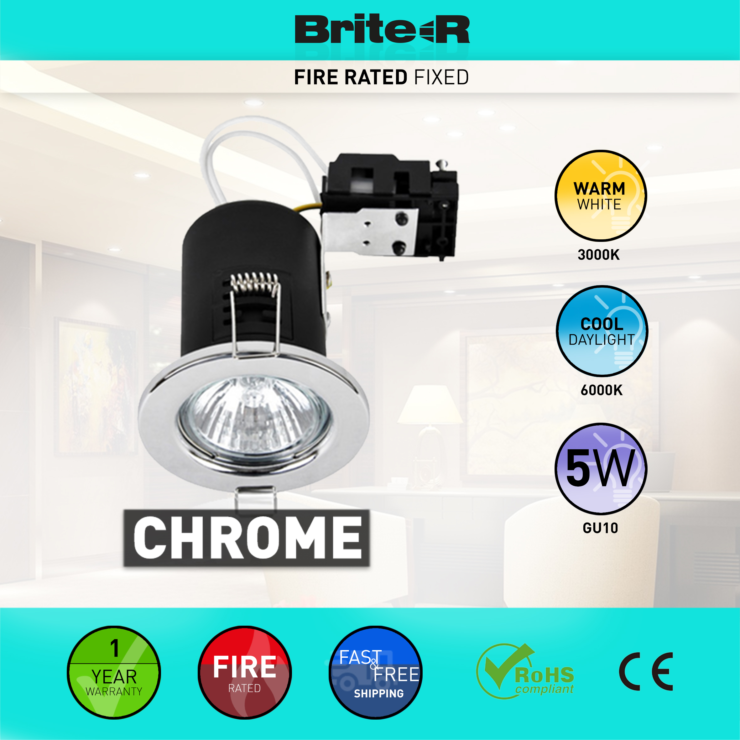 Fire Rated Fixed LED GU10 Downlights Recessed Ceiling Spotlights Warm